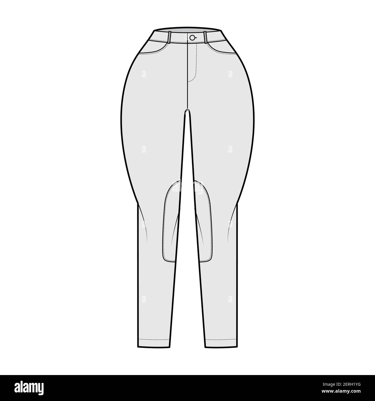 Jean Classic Jodhpurs Jean pantalon technique de mode illustration avec taille normale, taille haute, poches, passants de ceinture. Modèle de vêtement à fond plat sur le devant, de couleur grise. Femmes, hommes, maquette de CAD unisex Illustration de Vecteur