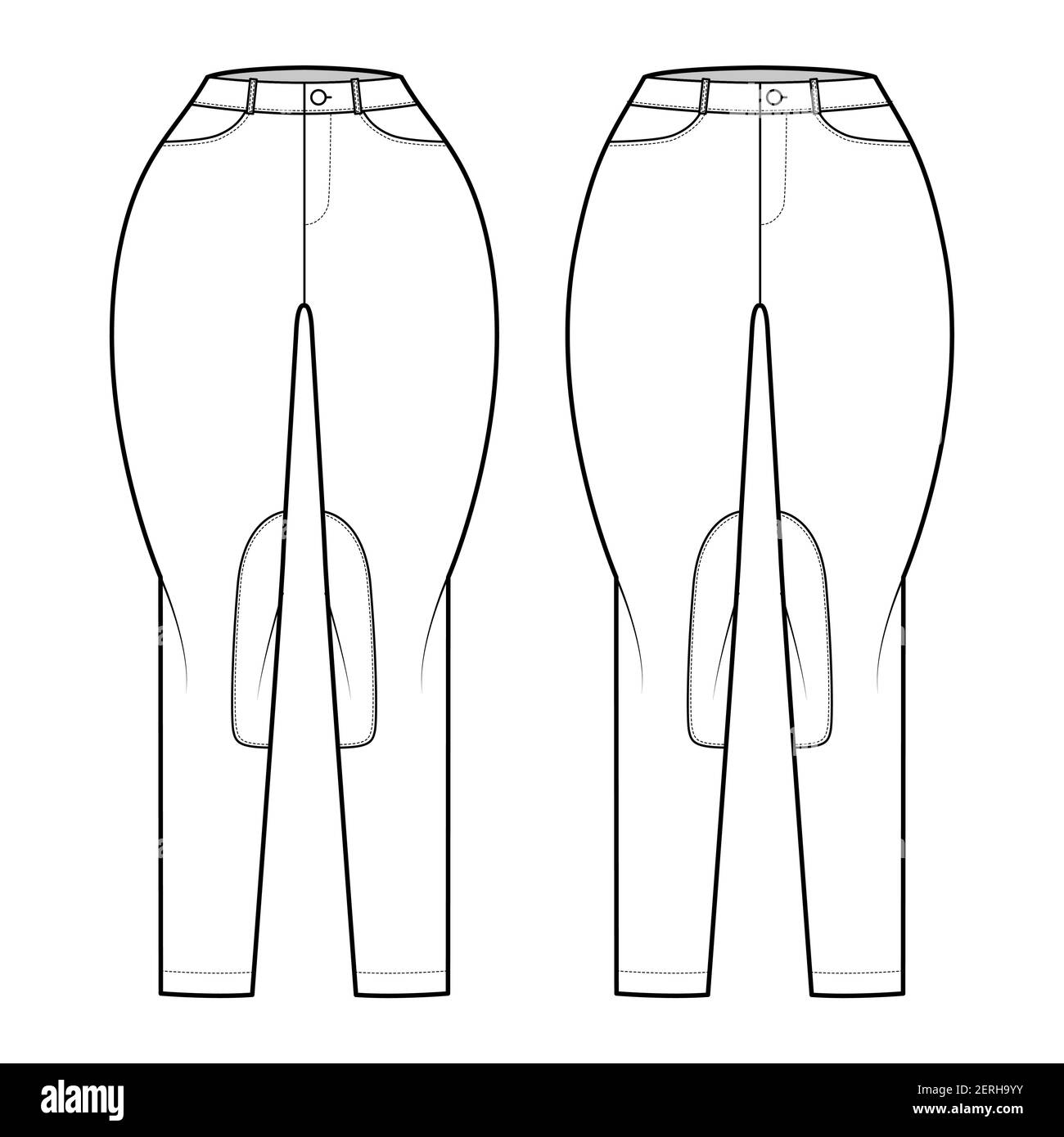 Ensemble de jeans Classic Jodhpurs pantalons denim technique mode illustration avec taille basse normale, taille haute, passants de ceinture, pleine longueur. Avant modèle plat, couleur blanche. Maquette CAD pour femmes et hommes Illustration de Vecteur