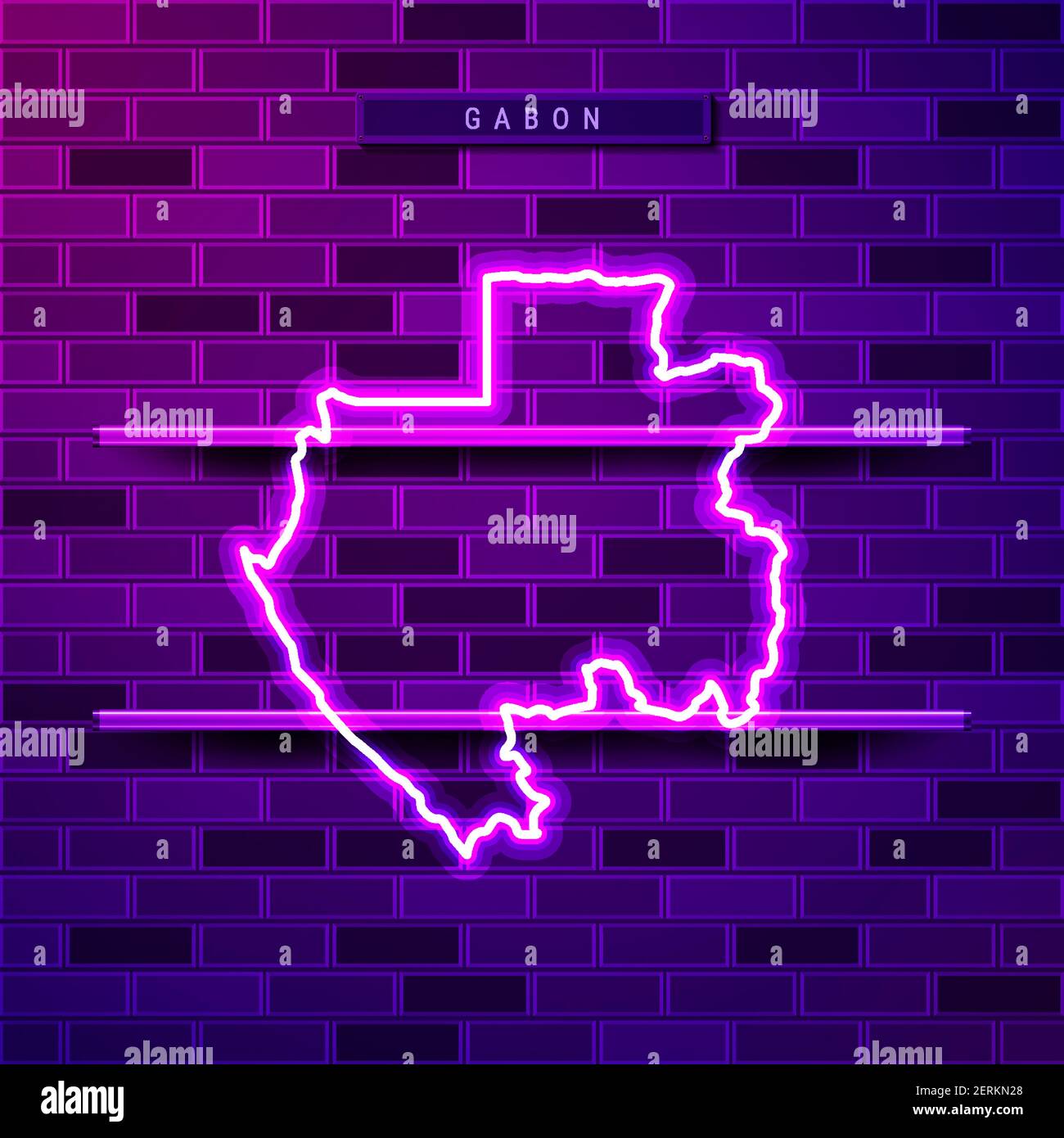 Enseigne lumineuse au néon Gabon MAP. Illustration vectorielle réaliste. Plaque d'identification du pays. Mur de briques violettes, lueur violette, supports en métal. Illustration de Vecteur