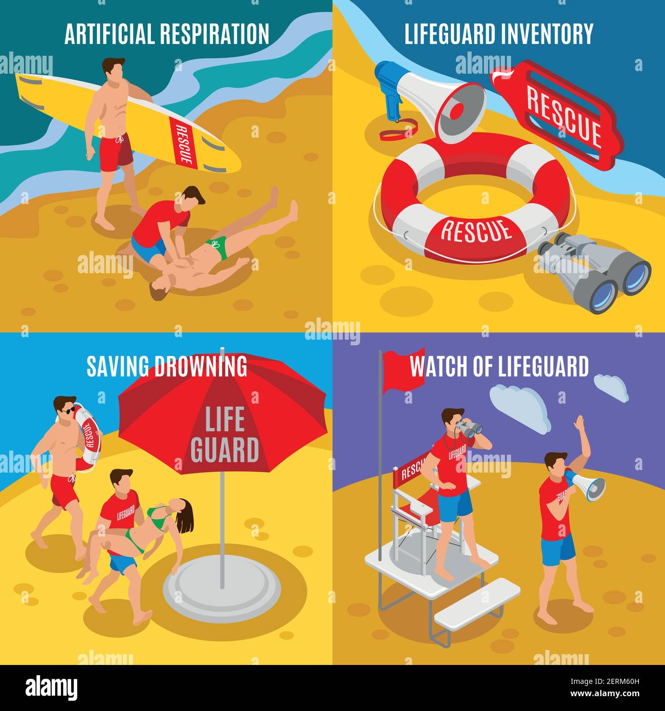 Beach Lifeguard 2x2 design ensemble de la respiration artificielle de sauvetage inventaire économie de noyade montre de sauvetage isométriques compositions vecto Illustration de Vecteur