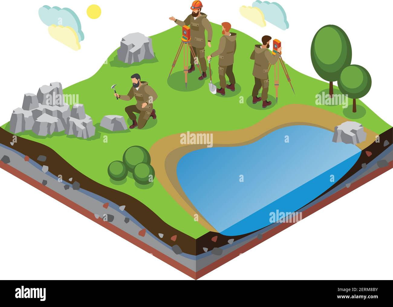 Exploration de la terre composition isométrique avec travaux de prospection sur le terrain avec illustration vectorielle des formations de bassin et de roche Illustration de Vecteur