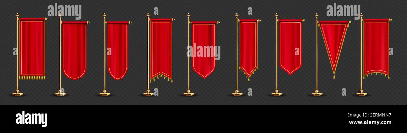Drapeaux rouges longs à franges dorées à franges isolées sur fond transparent. Vecteur modèle réaliste de ponnons textiles vierges différentes formes sur les piliers d'or Illustration de Vecteur