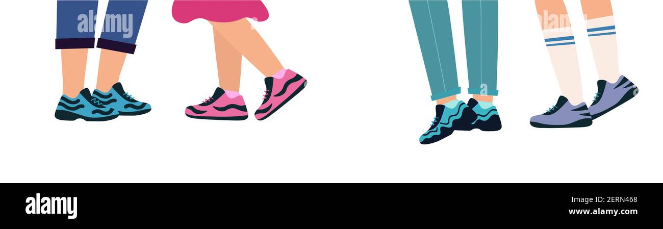 Les jambes des personnes marchent dans des chaussures. Pieds dans des chaussures de sport. Jambes d'un groupe d'adolescents. Rencontre entre les garçons et les filles. Illustration vectorielle dans un style plat. Illustration de Vecteur