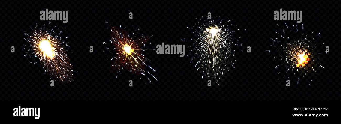 Étincelles au feu provenant du soudage du métal, de la découpe du fer ou des feux d'artifice. Effet d'évasement réaliste vectoriel, éclairs de lumière d'œuvres industrielles avec de l'acier ou des sparkers isolés sur fond transparent Illustration de Vecteur