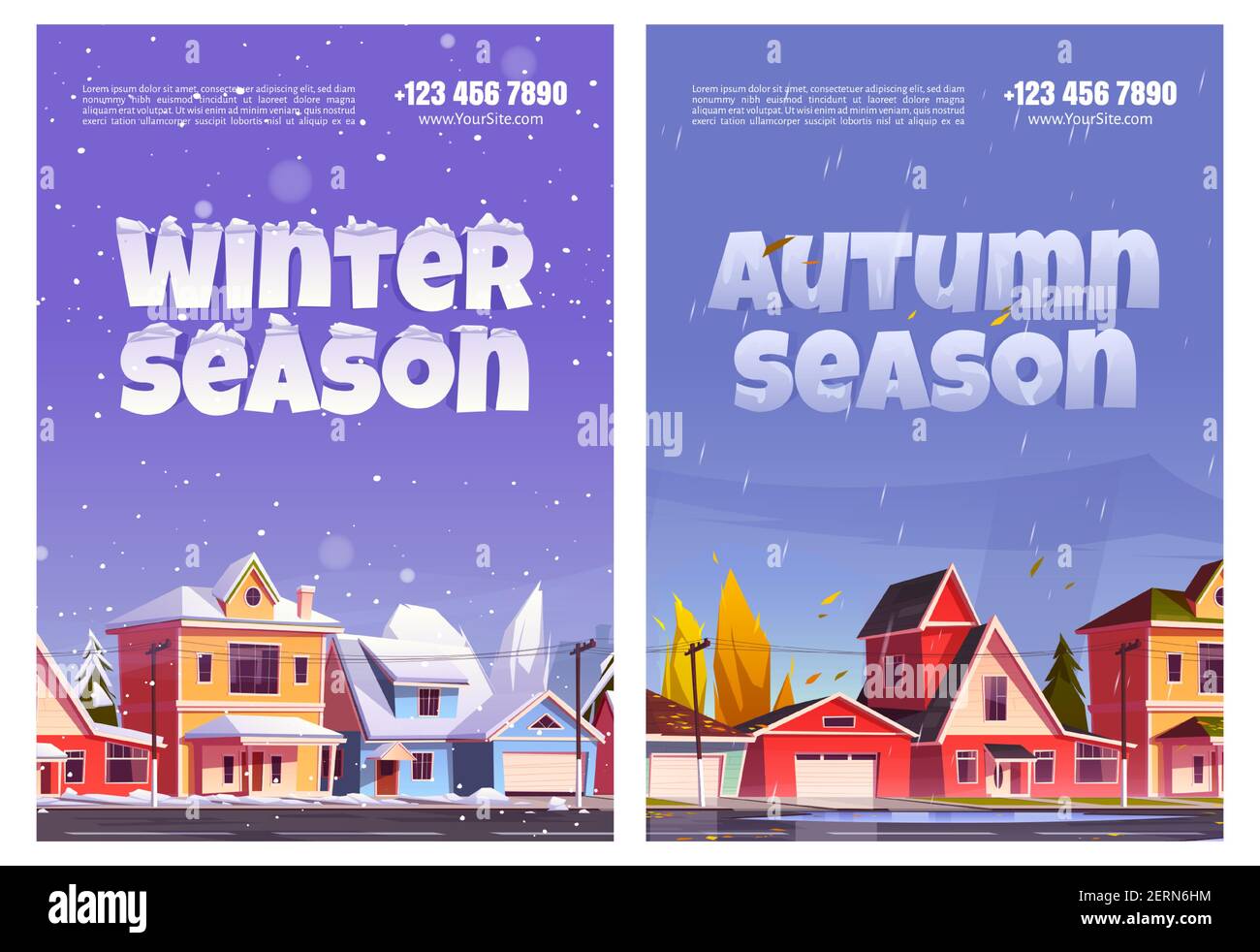 Affiches des saisons d'automne et d'hiver. Les conditions météorologiques dans le quartier de banlieue avec des maisons résidentielles. Illustrations vectorielles de chalets avec neige et rue avec pluie et arbres jaunes Illustration de Vecteur