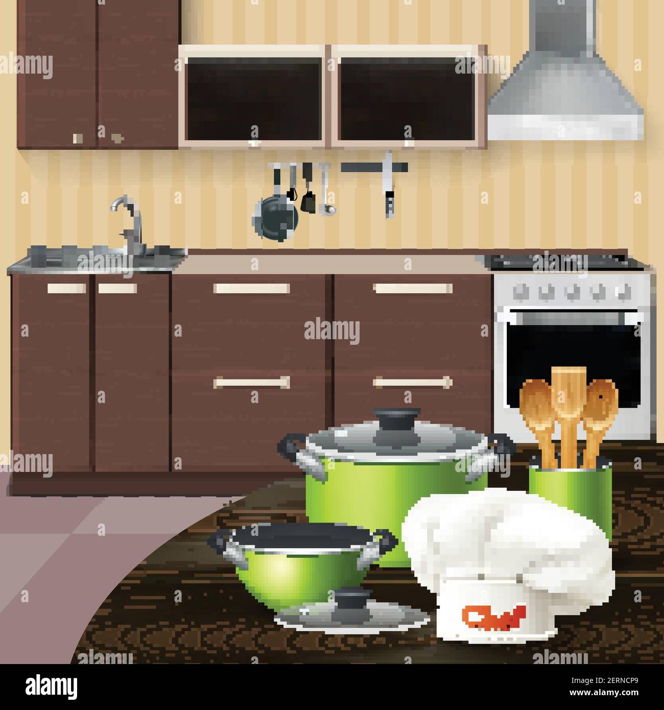 Intérieur de cuisine avec ustensiles de cuisine en bois vert réaliste et chef illustration de la représentation vectorielle de la table marron Illustration de Vecteur