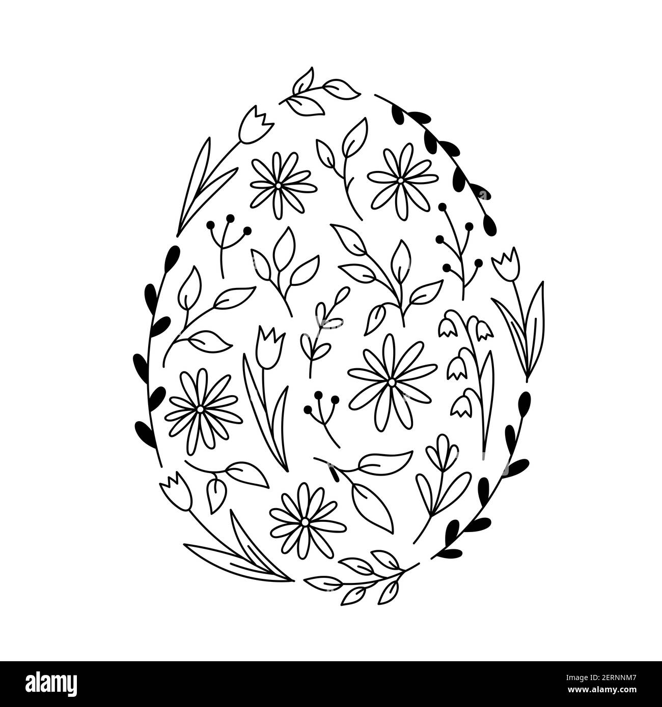 Éléments floraux en forme d'œuf de Pâques. Pâquerettes, tulipes, brindilles et feuilles de printemps en style caniche. Illustration vectorielle dessinée à la main. Illustration de Vecteur