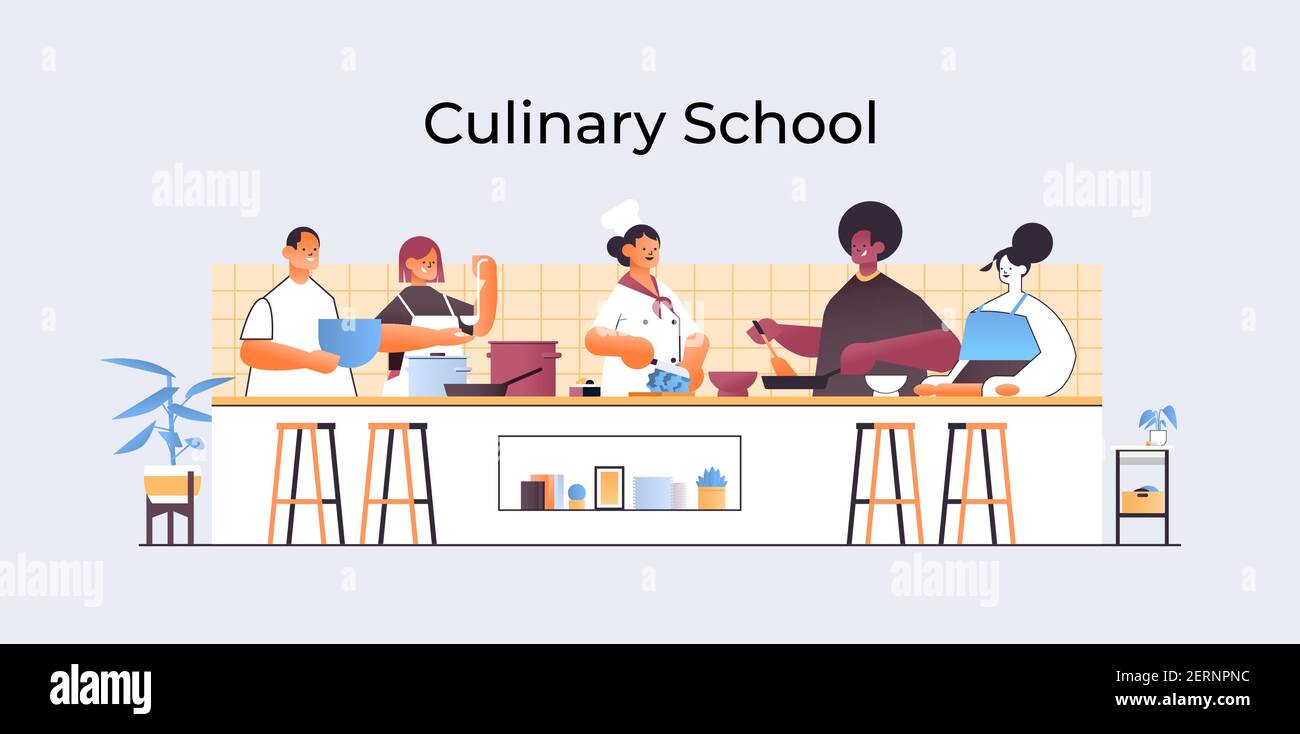 mix course chefs préparer des plats les gens cuisiner nourriture école culinaire concept cuisine intérieur horizontal portrait illustration vectorielle Illustration de Vecteur