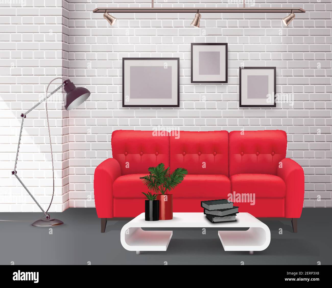 Décoration intérieure moderne et sobre dans le salon, avec des détails époustouflants canapé rouge en cuir accent illustration vectorielle réaliste Illustration de Vecteur