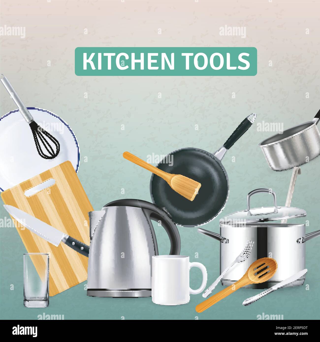 Cuisine réaliste avec bouilloire électrique et outils en bois illustration vectorielle d'arrière-plan texturé gris Illustration de Vecteur