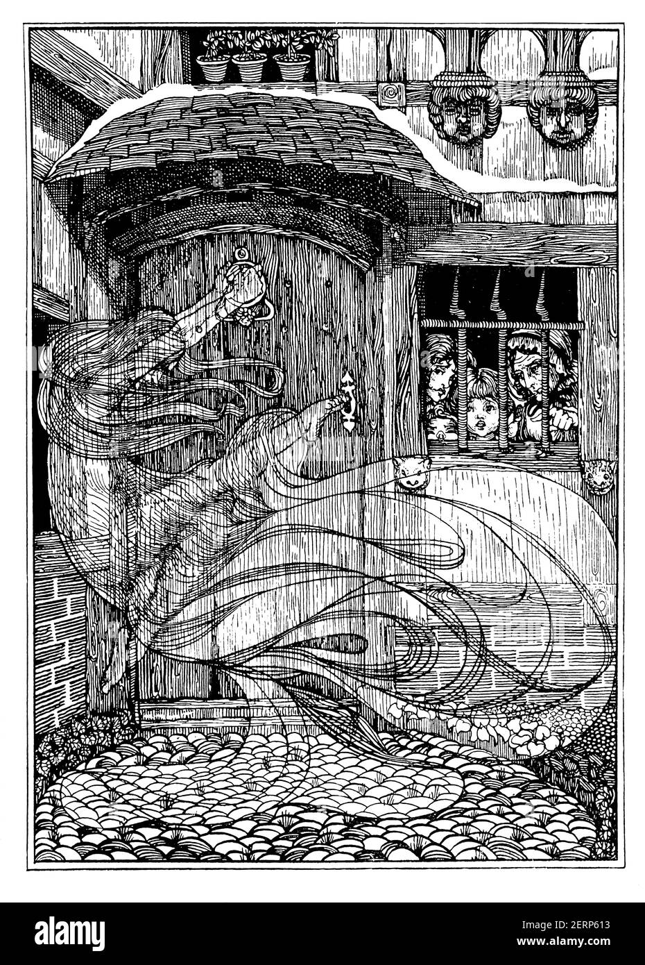 Apparition fantomatique à la porte d'entrée, conception Art Nouveau par l'illustratrice et brodeur britannique Christine Drummond Angus (plus tard Angus-Sickert), de 1900 Banque D'Images