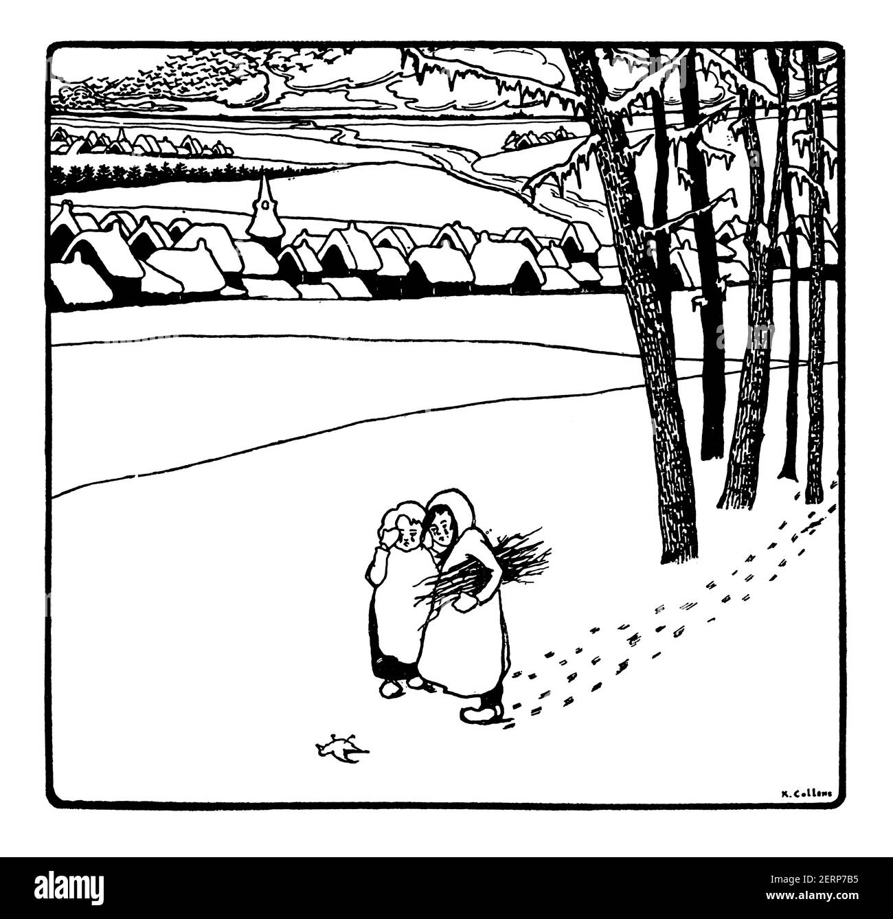Enfants collectant des bâtons dans un paysage hivernal enneigé, illustration d'un Almanac, par l'artiste belge Karel Collens (1869-1901), de 1900 The Studio Banque D'Images