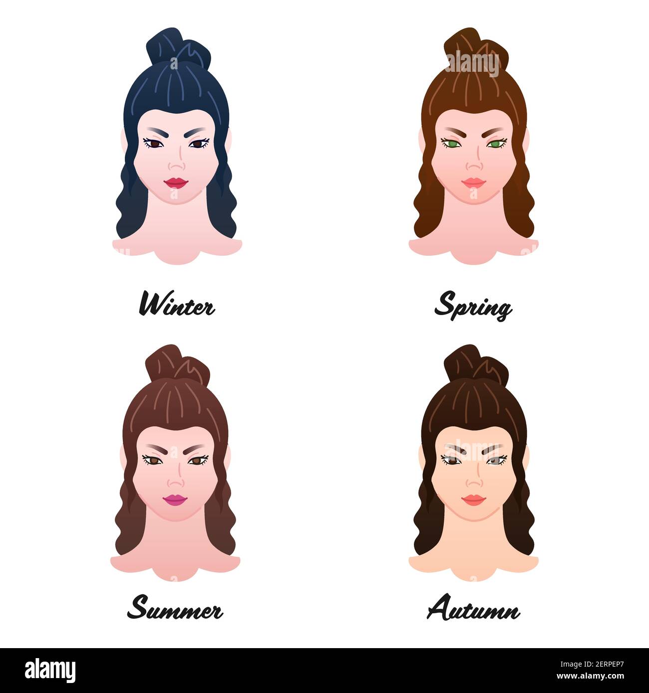 12 types de couleurs saisonnières. Quatre types de couleurs d'apparences de femmes asiatiques. Hiver, printemps, été et automne - ensemble de têtes de dame isolées de vecteur Illustration de Vecteur
