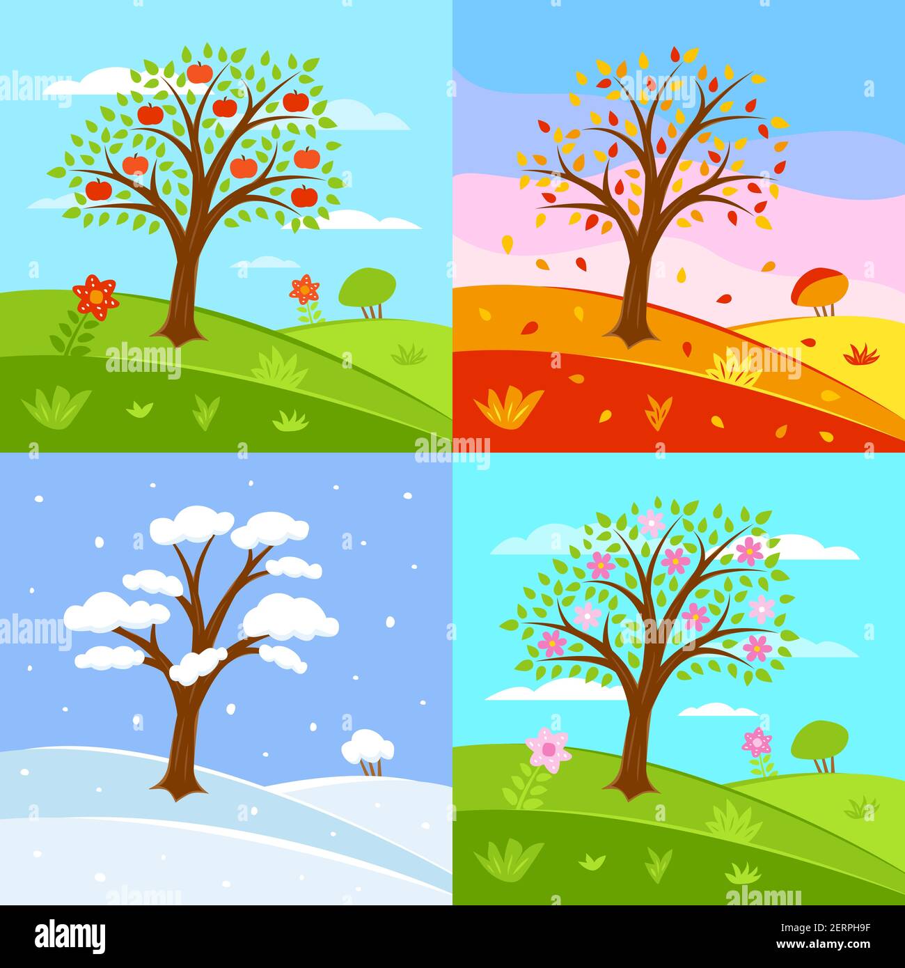 Illustrations vectorielles de l'ensemble des saisons. Été, automne, hiver, printemps - des paysages dans un style plat Illustration de Vecteur