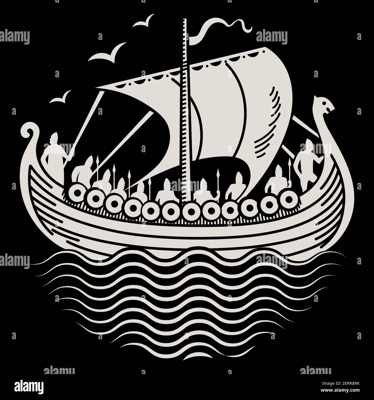 Design viking. Drakkar naviguant dans une mer orageux. Dessin dans le style Old Norse, isolé sur une illustration vectorielle noire Illustration de Vecteur