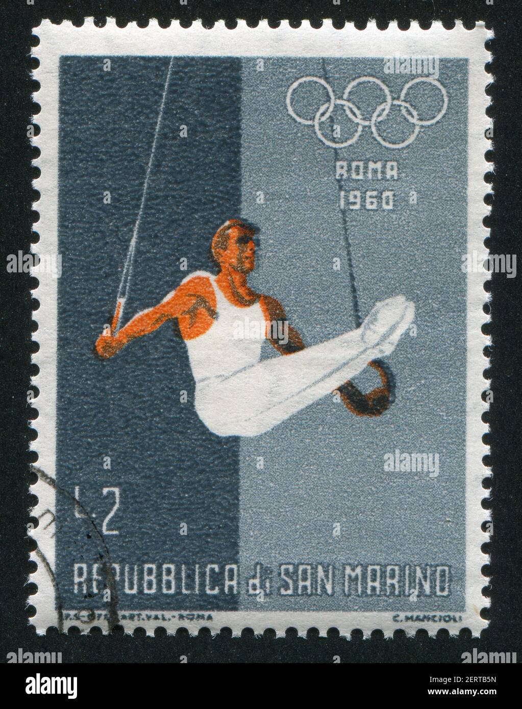 SAINT-MARIN - VERS 1960: Timbre imprimé par Saint-Marin, montre la gymnastique, vers 1960 Banque D'Images