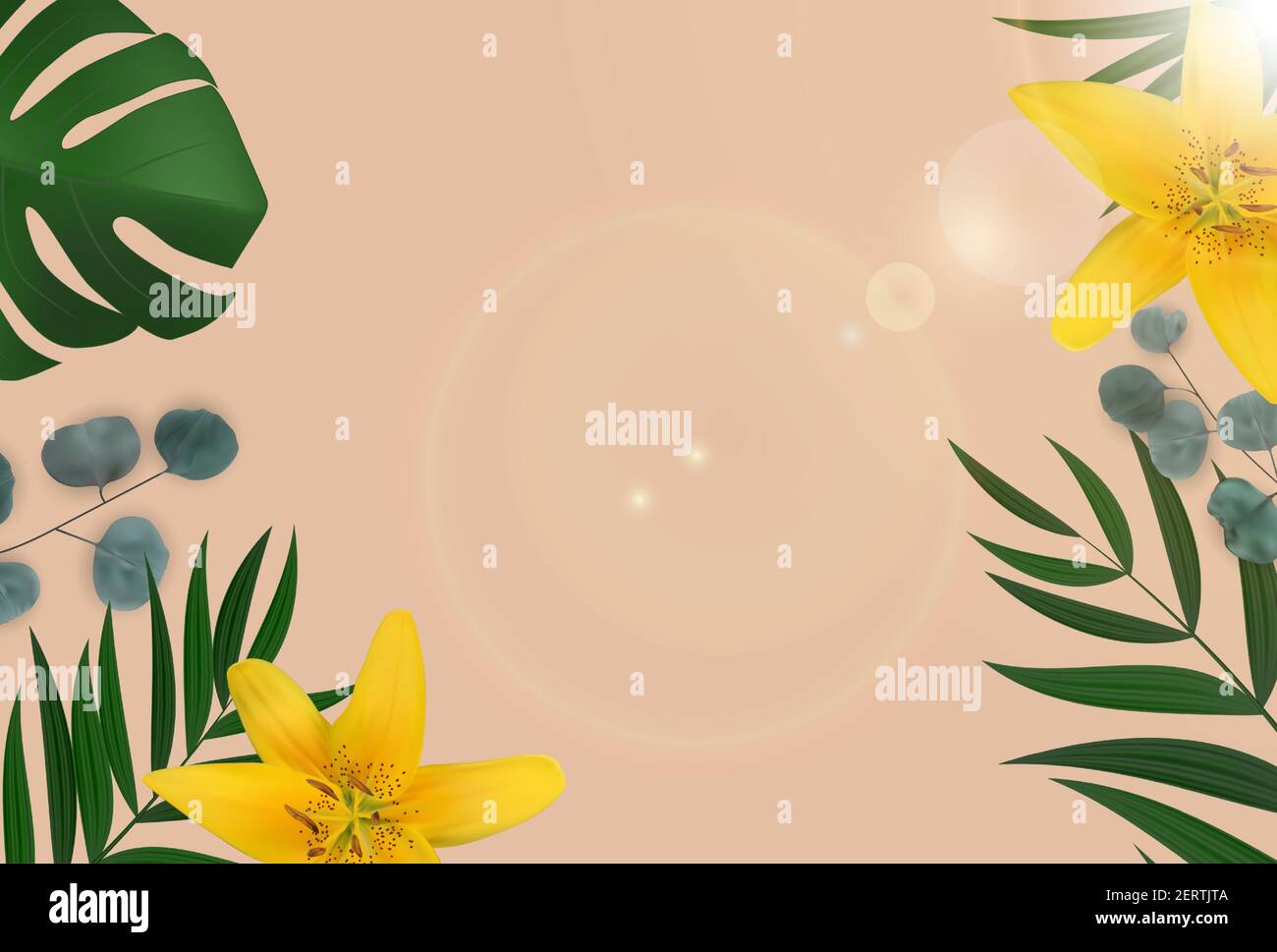 Résumé fond naturel avec palmier tropical, feuilles d'eucalyptus et fleur de lilly. Illustration vectorielle EPS10 Illustration de Vecteur