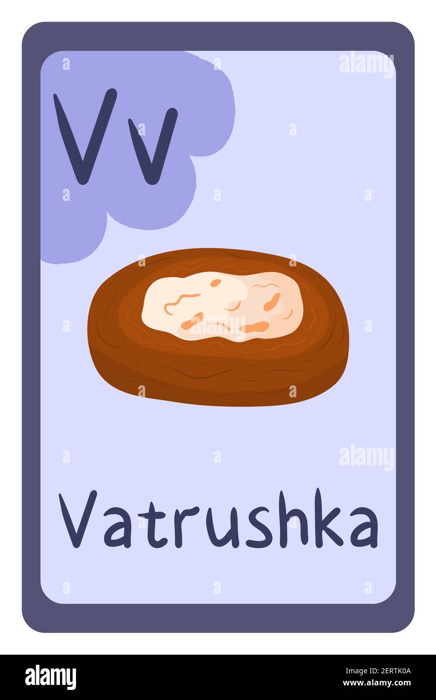 Carte flash d'éducation abc colorée, lettre V - vatrushka, nourriture nationale ukrainienne. Illustration vectorielle de l'alphabet avec les aliments, les fruits et les légumes. École, étude, concept d'apprentissage. Illustration de Vecteur