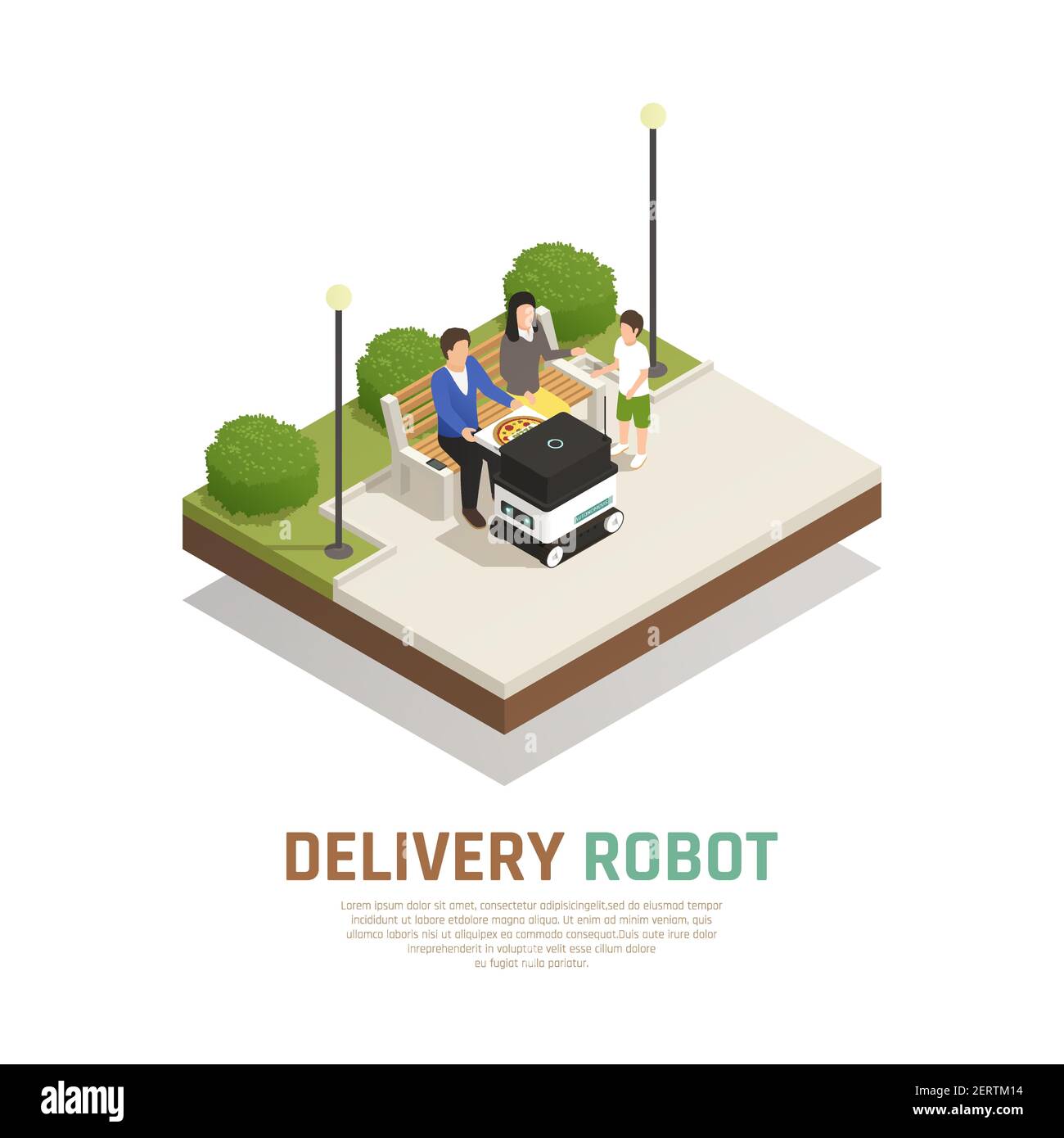 Livraison de pizza par transport robotique sans conducteur pour la famille illustration vectorielle de composition isométrique extérieure Illustration de Vecteur