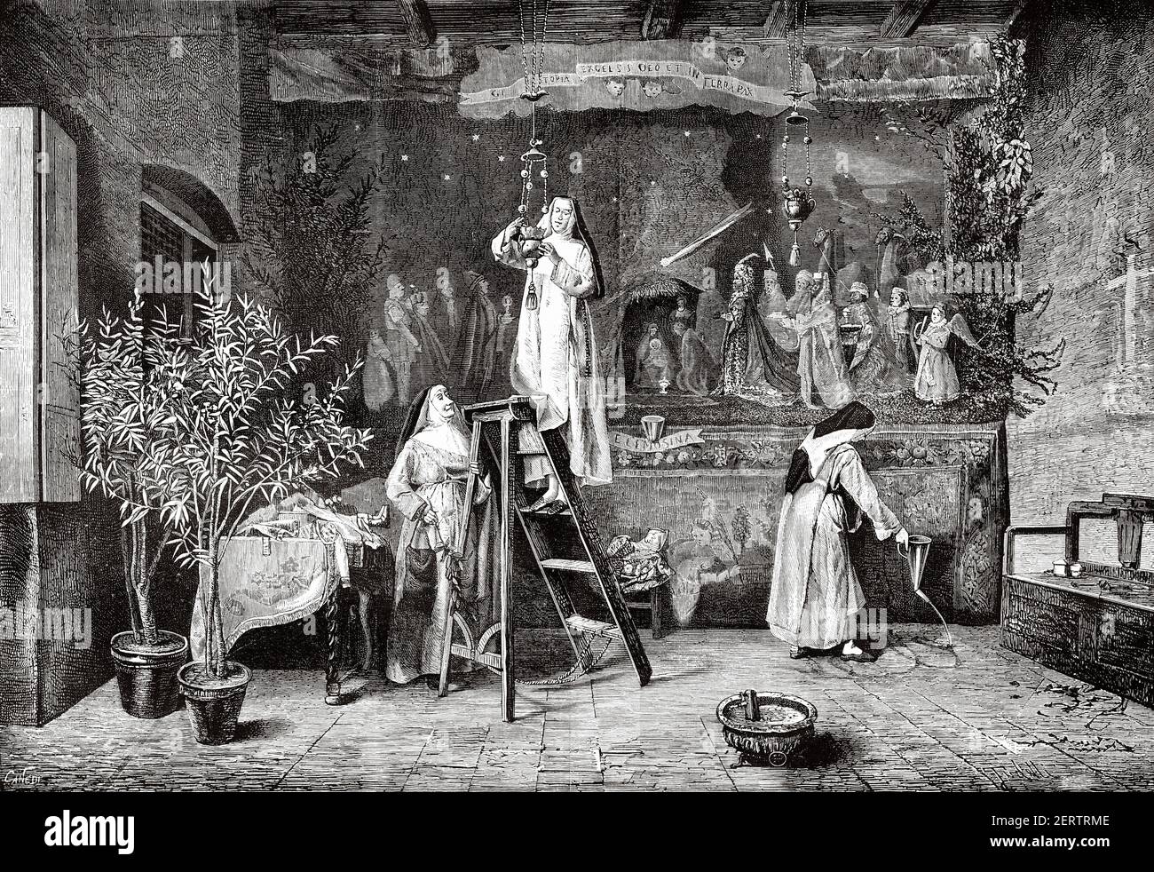 Religieuses et berceau sur l'Epiphanie, peinture de Celestino Turletti (1845-1904) ancienne illustration gravée du XIXe siècle, El Mundo Ilustrado 1881 Banque D'Images