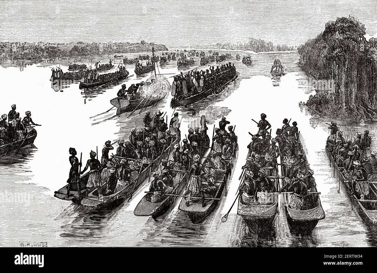 Combat naval au-dessous de la confluence des fleuves Aruwimi et Livingstone, République démocratique du Congo, Afrique centrale. Voyage à l'Afrique inexplorée, le continent mystérieux par Henry Morton Stanley. Ancienne illustration gravée du XIXe siècle, El Mundo Ilustrado 1881 Banque D'Images