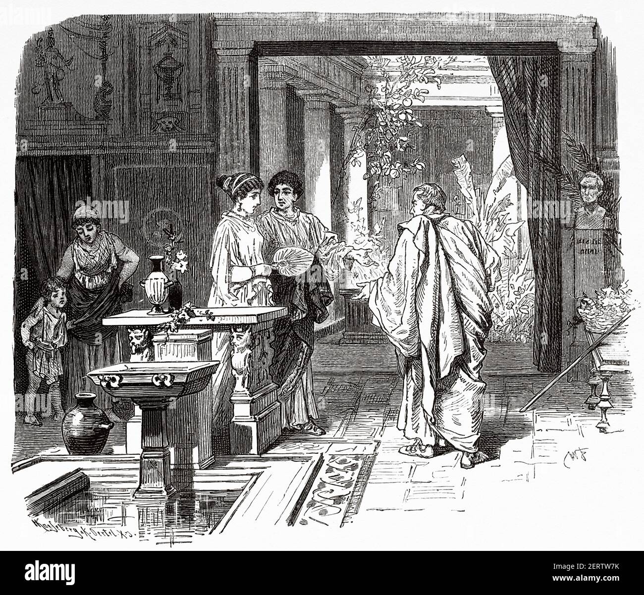 Intérieur d'une maison romaine, ancien empire romain. Italie, Europe. Ancienne illustration gravée du XIXe siècle, El Mundo Ilustrado 1881 Banque D'Images