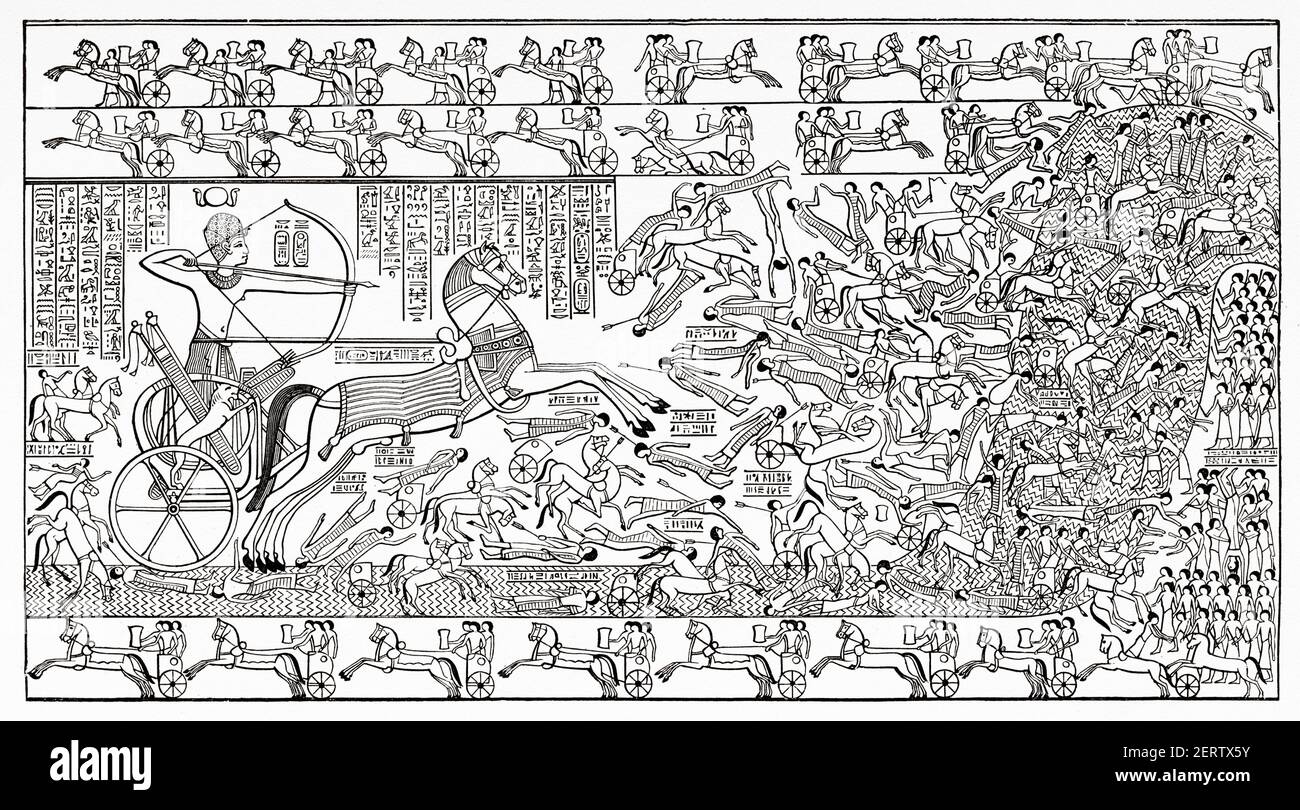 Relief du Ramesseum représentant la bataille de Ramses contre le Kheta à Kadesh sur le fleuve Orontes, Thèbes, Égypte ancienne. Afrique. Ancienne illustration gravée du XIXe siècle, El Mundo Ilustrado 1881 Banque D'Images