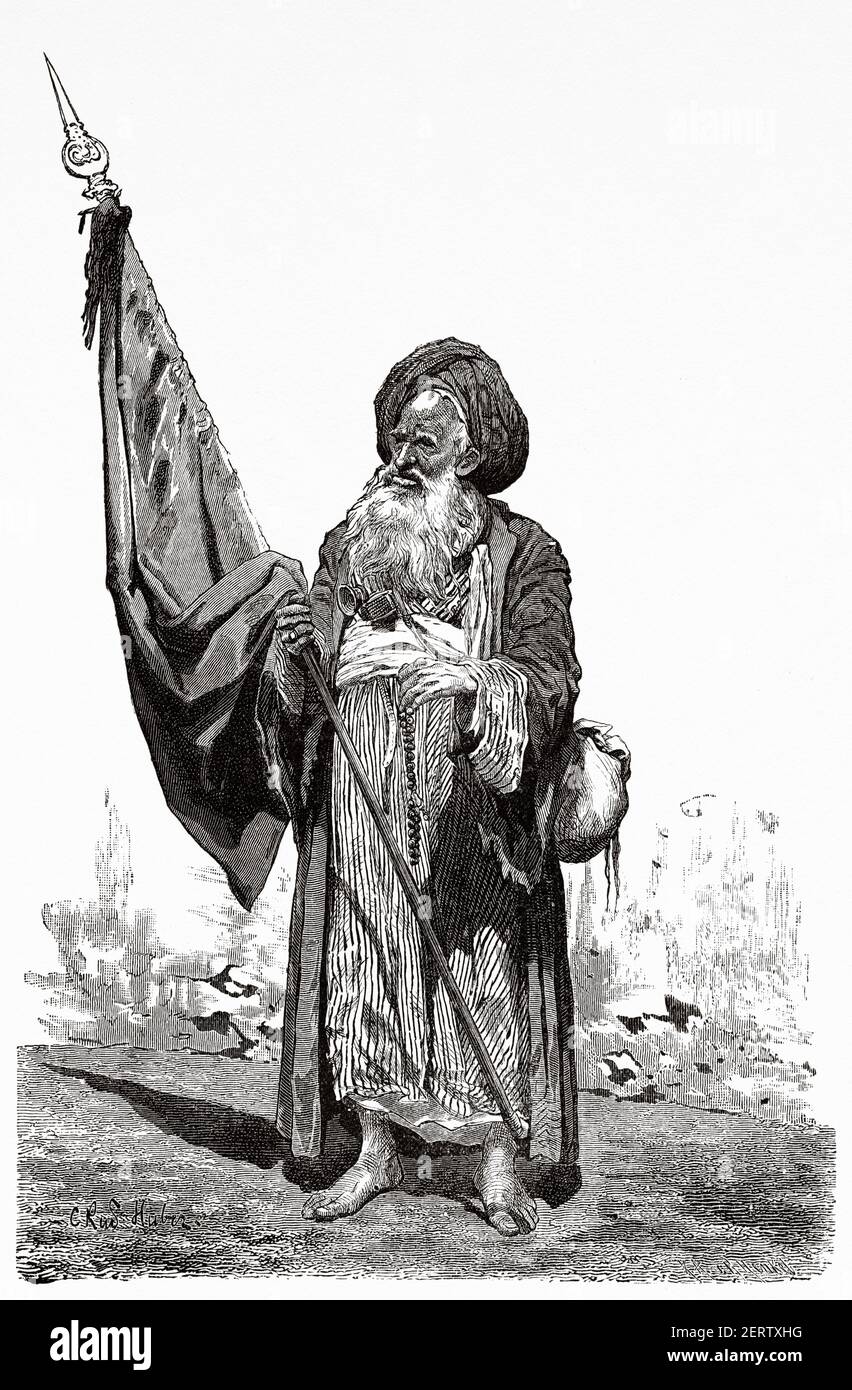 Un Dervish égyptien au XIXe siècle, l'Égypte au XIXe siècle. Afrique. Ancienne illustration gravée du XIXe siècle, El Mundo Ilustrado 1881 Banque D'Images