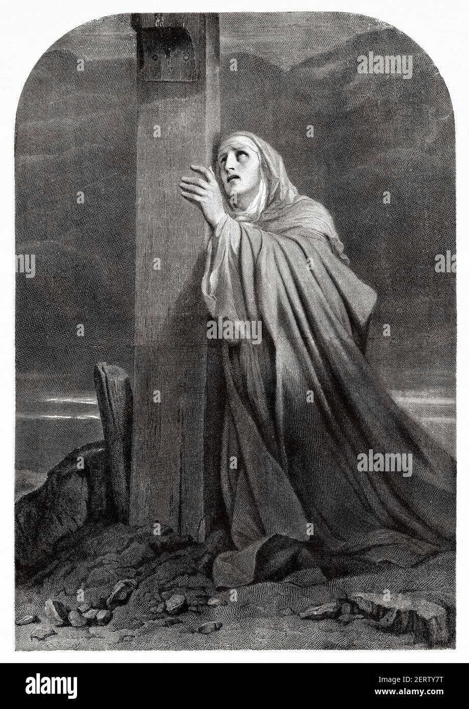 Marie pleurant pour Jésus, Mater Dolorosa. Ancienne illustration gravée du XIXe siècle, El Mundo Ilustrado 1881 Banque D'Images