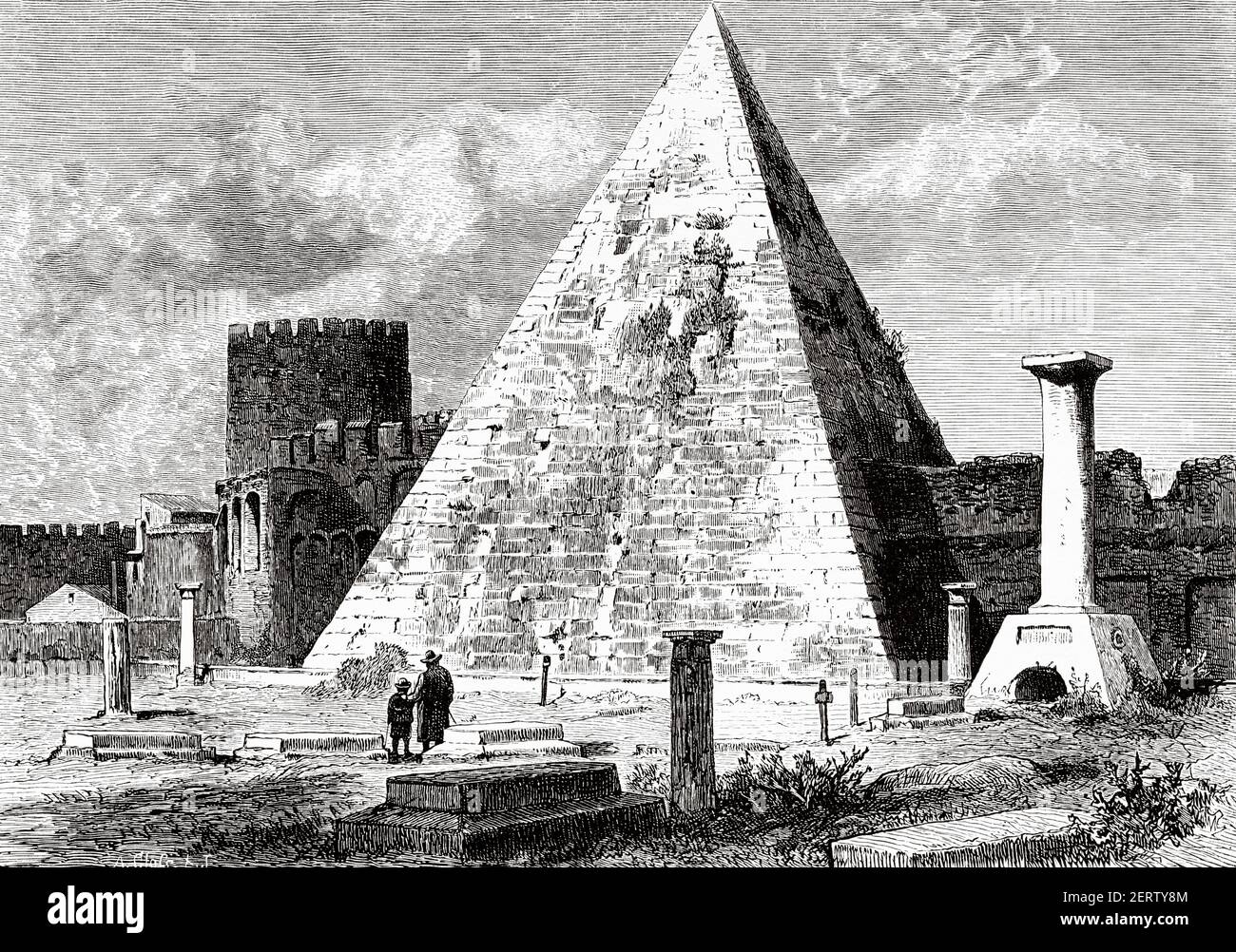 Tombe romaine de Caius-Cestius, Pyramide de Cestius. Rome au XIX siècle. Italie, Europe. Ancienne illustration gravée du XIXe siècle, El Mundo Ilustrado 1881 Banque D'Images