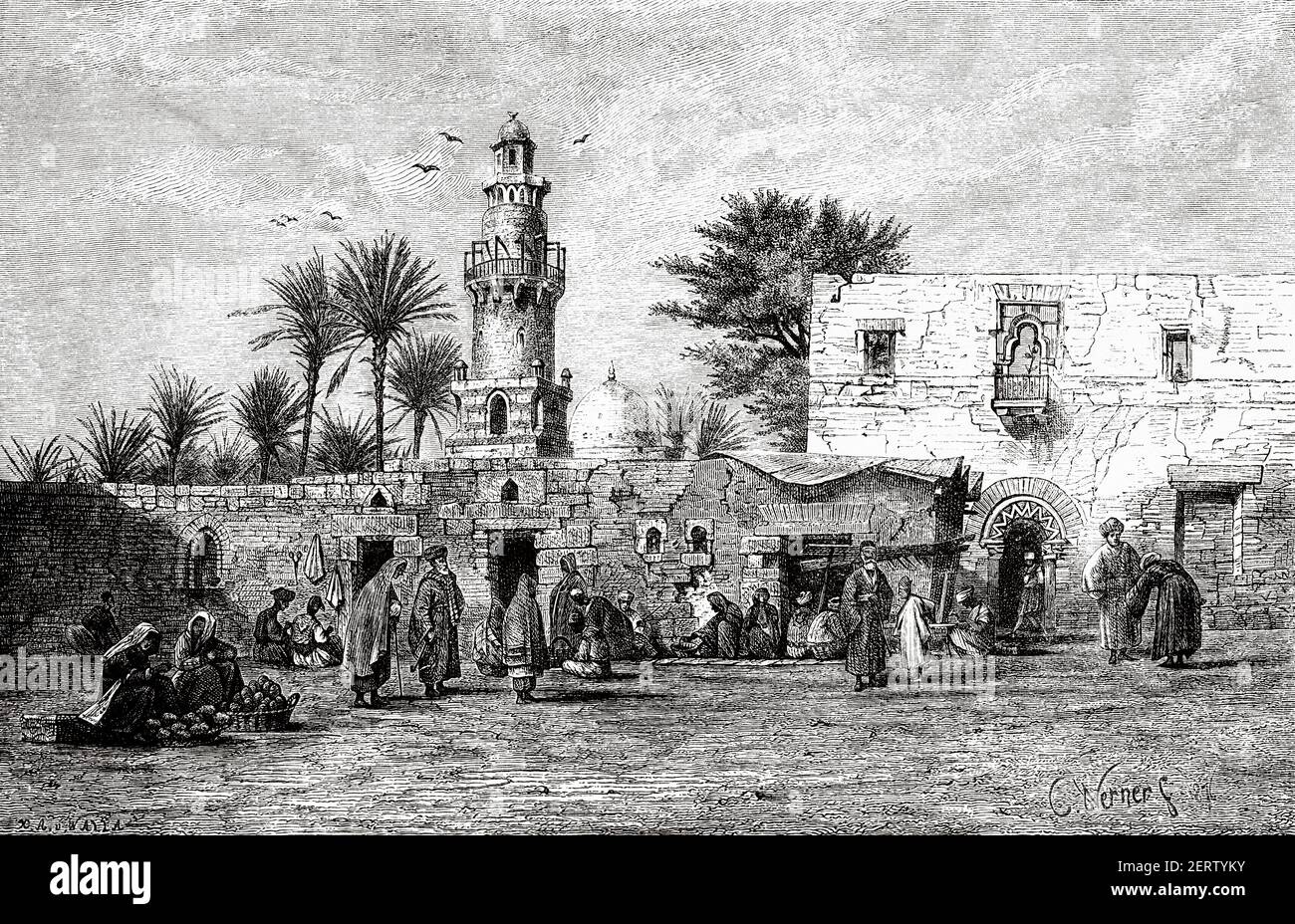 La place du marché à Esna, Egypte au XIX siècle. Afrique. Ancienne illustration gravée du XIXe siècle, El Mundo Ilustrado 1881 Banque D'Images
