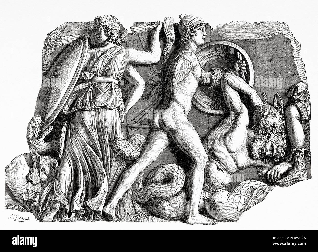 Détail de la Grande Frise de l'autel de Pergame qui représente la lutte des dieux avec les titans et les géants. 170 BC civilisation grecque. Ancienne illustration gravée du XIXe siècle, El Mundo Ilustrado 1881 Banque D'Images