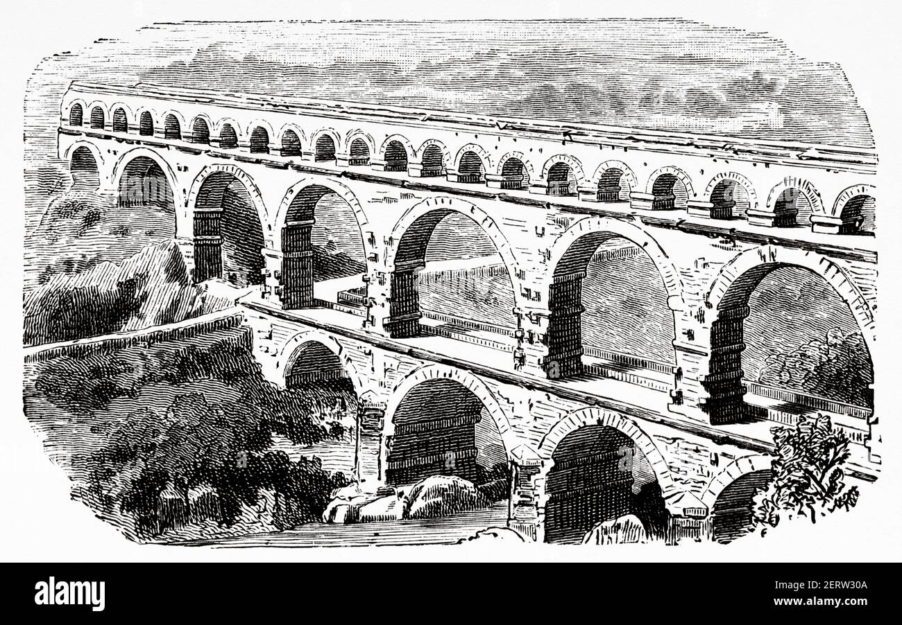 Pont romain Pont du Gard et rivière Gardon, Gard. France, Europe. Illustration gravée du XIXe siècle, El Mundo Ilustrado 1880 Banque D'Images