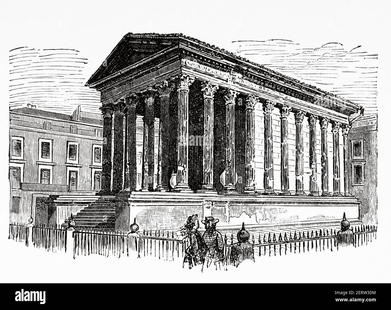 Maison Carree, temple romain du premier siècle, Nîmes. Gard, France, Europe. Illustration gravée du XIXe siècle, El Mundo Ilustrado 1880 Banque D'Images