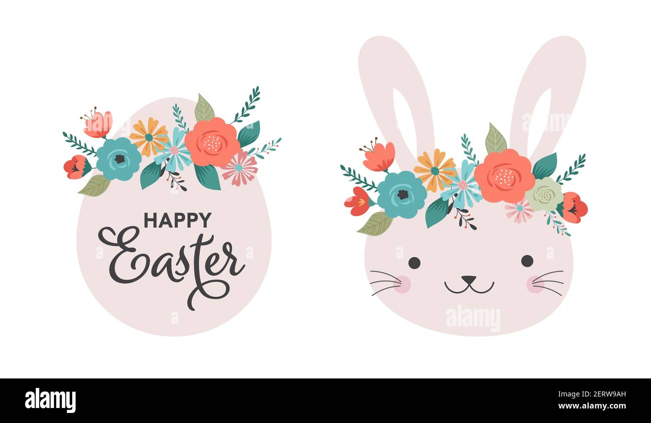 Motif de Pâques boho, ensemble de banderoles avec lapins, œufs et couronnes de fleurs dans des couleurs pastel Illustration de Vecteur