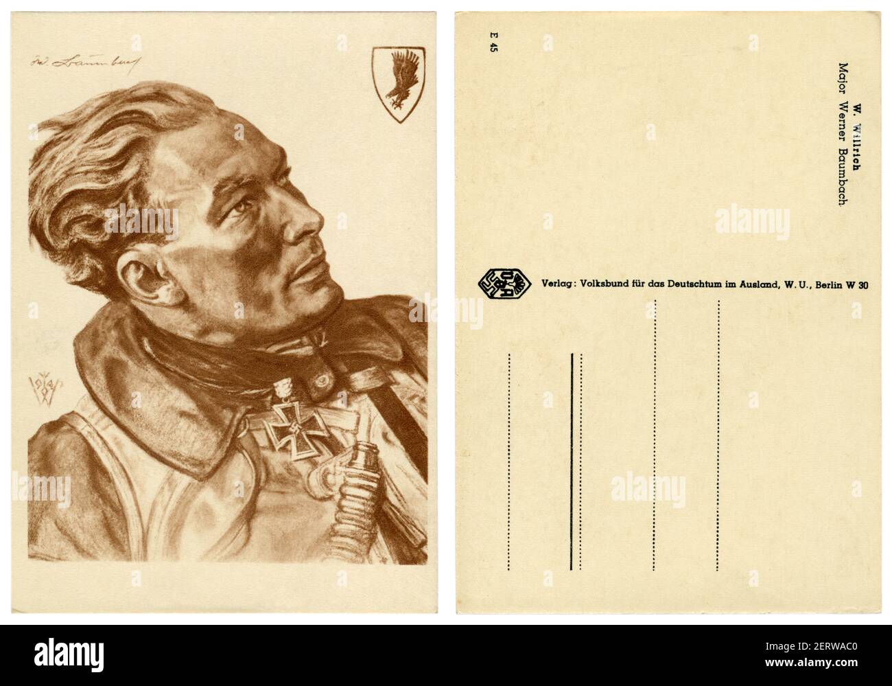 Carte postale historique allemande : portrait d'un pilote majeur Werner Baumbach avec une croix de fer avec des feuilles de chêne, artiste Wolfgang Willrich, Allemagne, années 1940 Banque D'Images