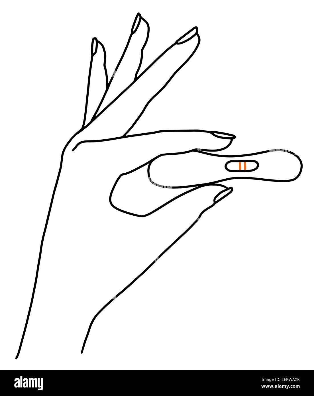 Femme main tenant le test de grossesse avec deux rayures résultat positif. Illustration vectorielle de style Doodle Black Line Illustration de Vecteur