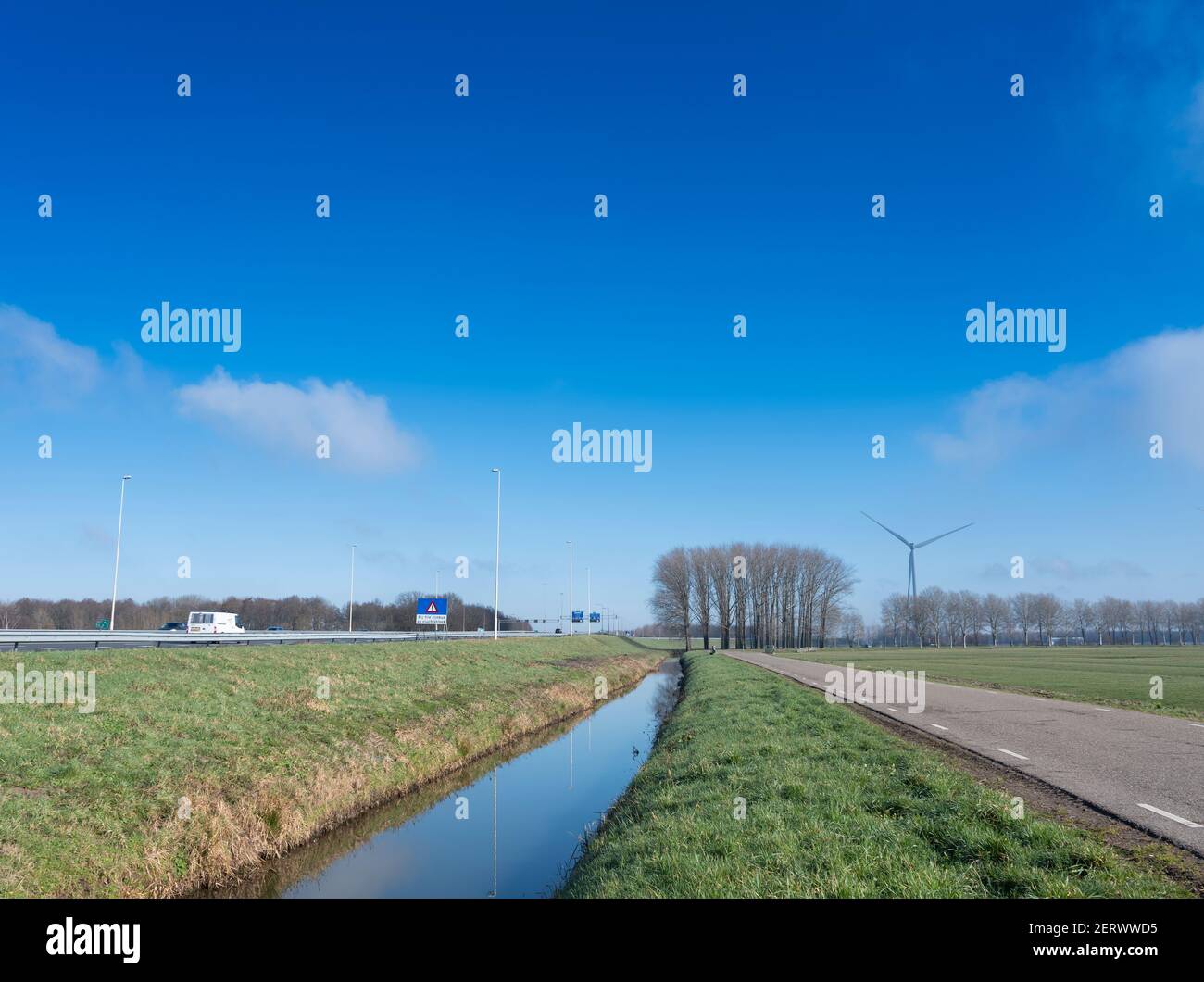 Prairie et arbres près de l'autoroute A27 et A2 dans le pays-bas sous ciel bleu près de Vianen et Utrecht Banque D'Images