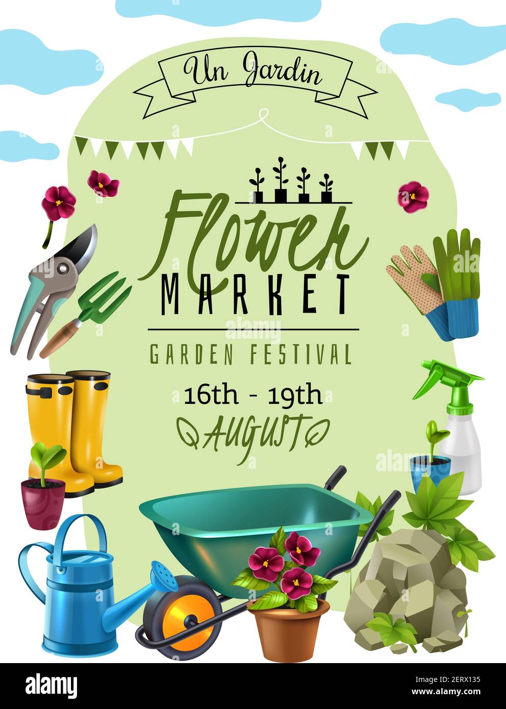 Affiche d'annonce du marché aux fleurs du festival des plantes de chalet avec les dates de l'événement et jardinier outils accessoires publicité illustration vectorielle Illustration de Vecteur
