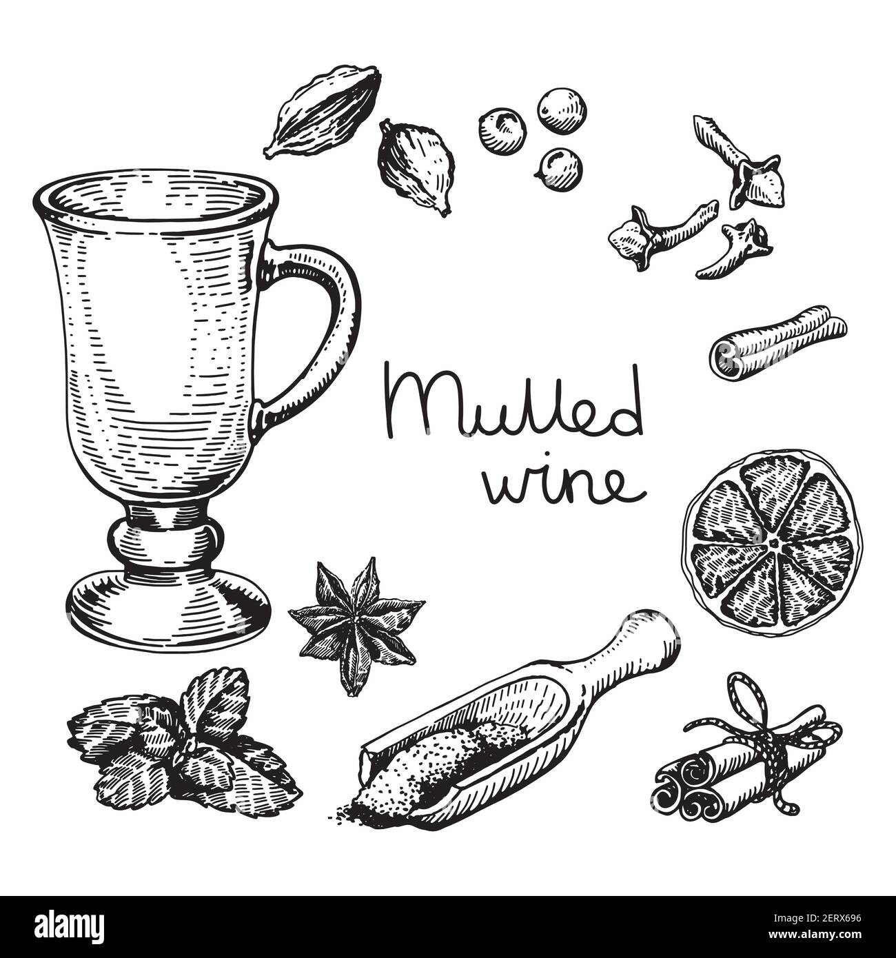 Ensemble de vin chaud, fruits et épices, illustrations vectorielles dessinées à la main. Illustration de Vecteur
