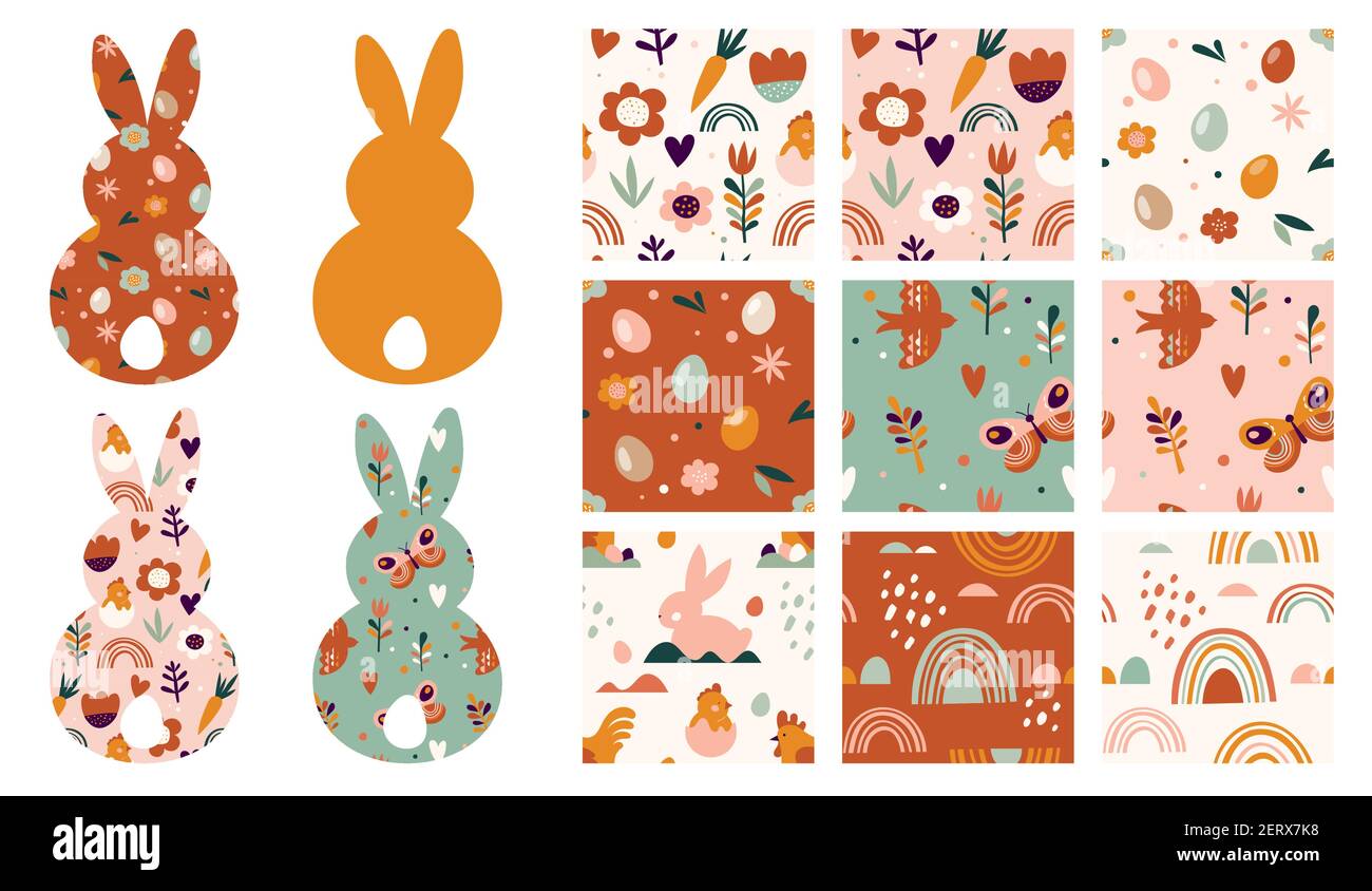 Motif de Pâques boho, motifs et lapins sans couture, œufs, fleurs et arcs-en-ciel aux couleurs pastel et terre cuite Illustration de Vecteur