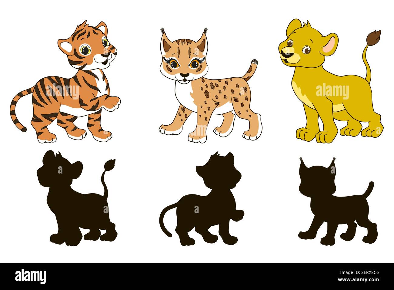 Trouvez l'ombre correcte, jeu éducatif pour les tout-petits, lion de dessins animés, lynx et tigre sur un fond blanc, illustration vectorielle Illustration de Vecteur