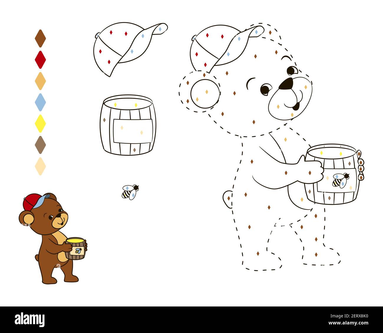 Livre de coloriage pour enfants, ourson drôle tenant un baril de miel avec un autocollant d'abeille. Illustration vectorielle, coloriage par nombres, dessin animé Illustration de Vecteur