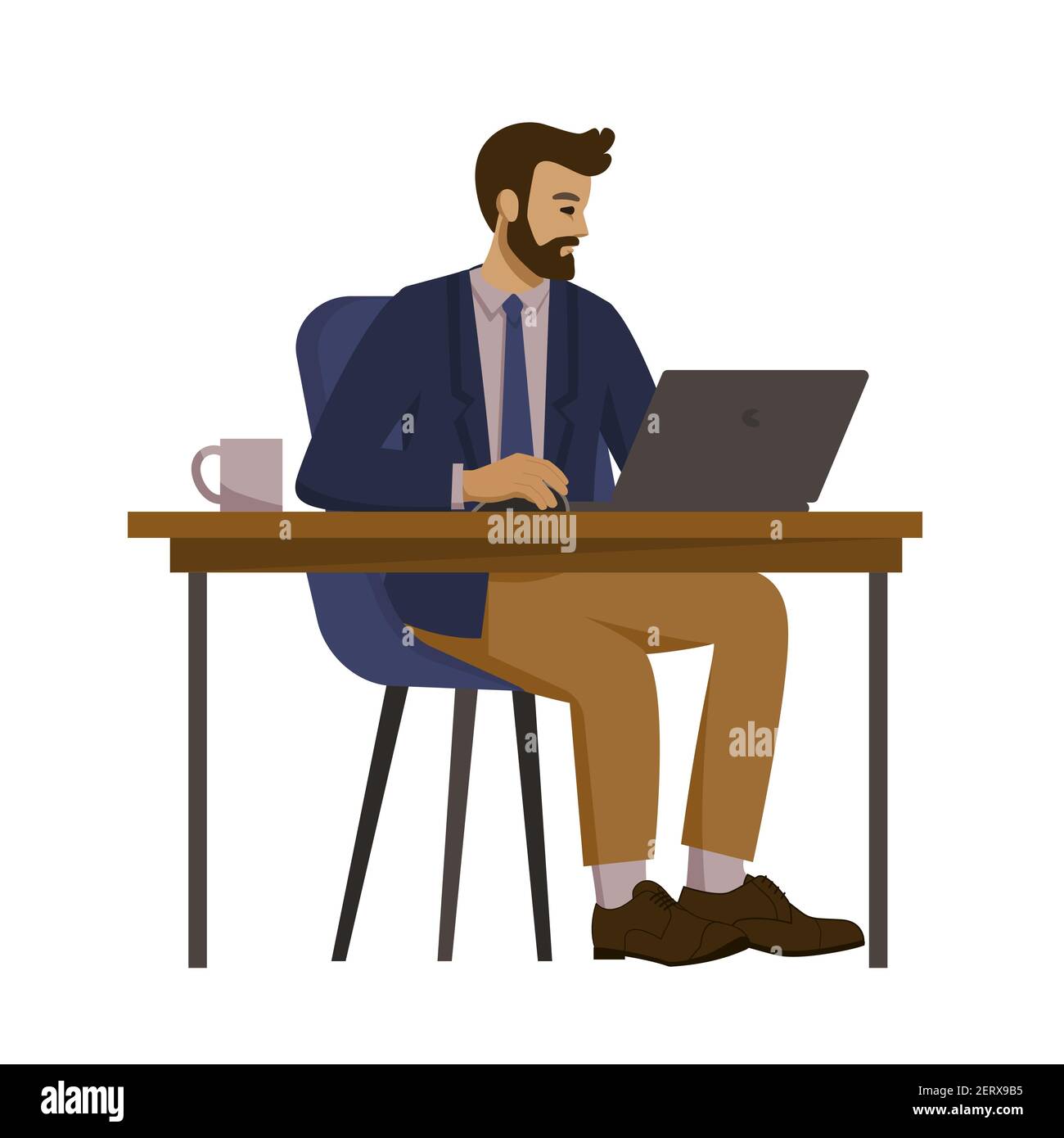 Homme d'affaires en costume assis à la table avec un ordinateur portable au bureau. Responsable, employé de bureau. Illustration vectorielle de style dessin animé, image isolée Illustration de Vecteur