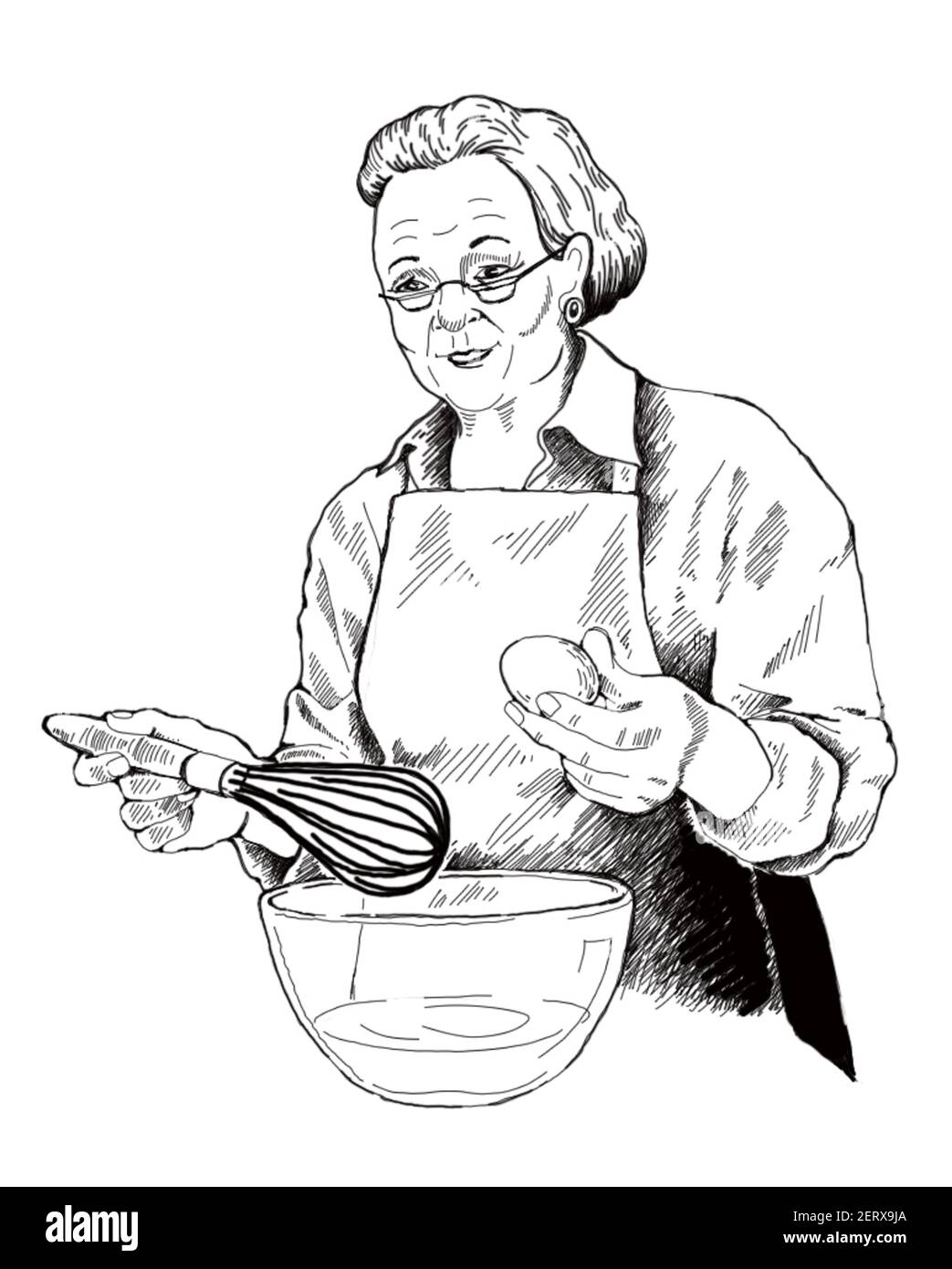 Grand-mère tenant un fouet et un œuf dans ses mains, se préparer à faire de la pâte, de la mayonnaise, de la crème.illustration vectorielle, dessin noir et blanc, ligne Illustration de Vecteur