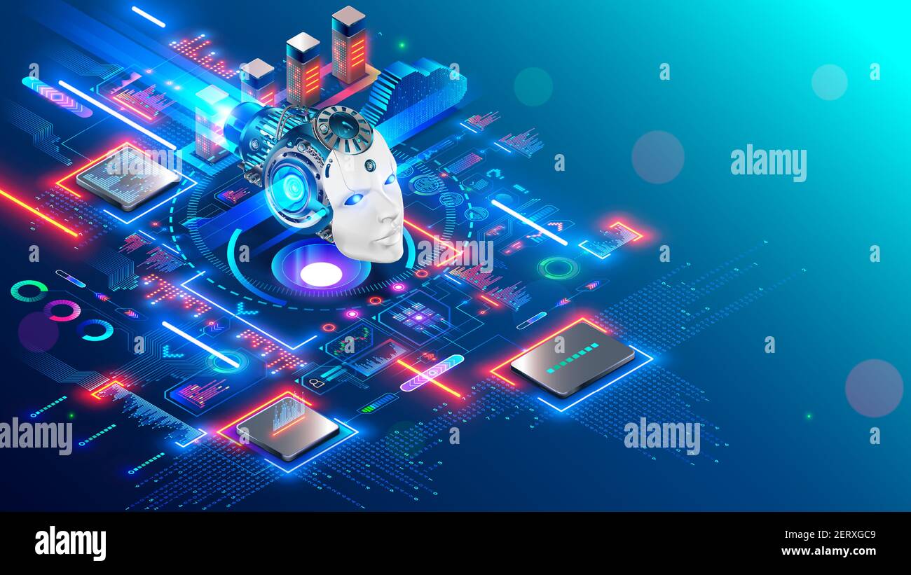 AI. Concept isométrique de la technologie de l'intelligence artificielle. Communication cybernétique du cerveau avec le réseau et analyse des données. Apprentissage machine de l'IA. Robot Illustration de Vecteur