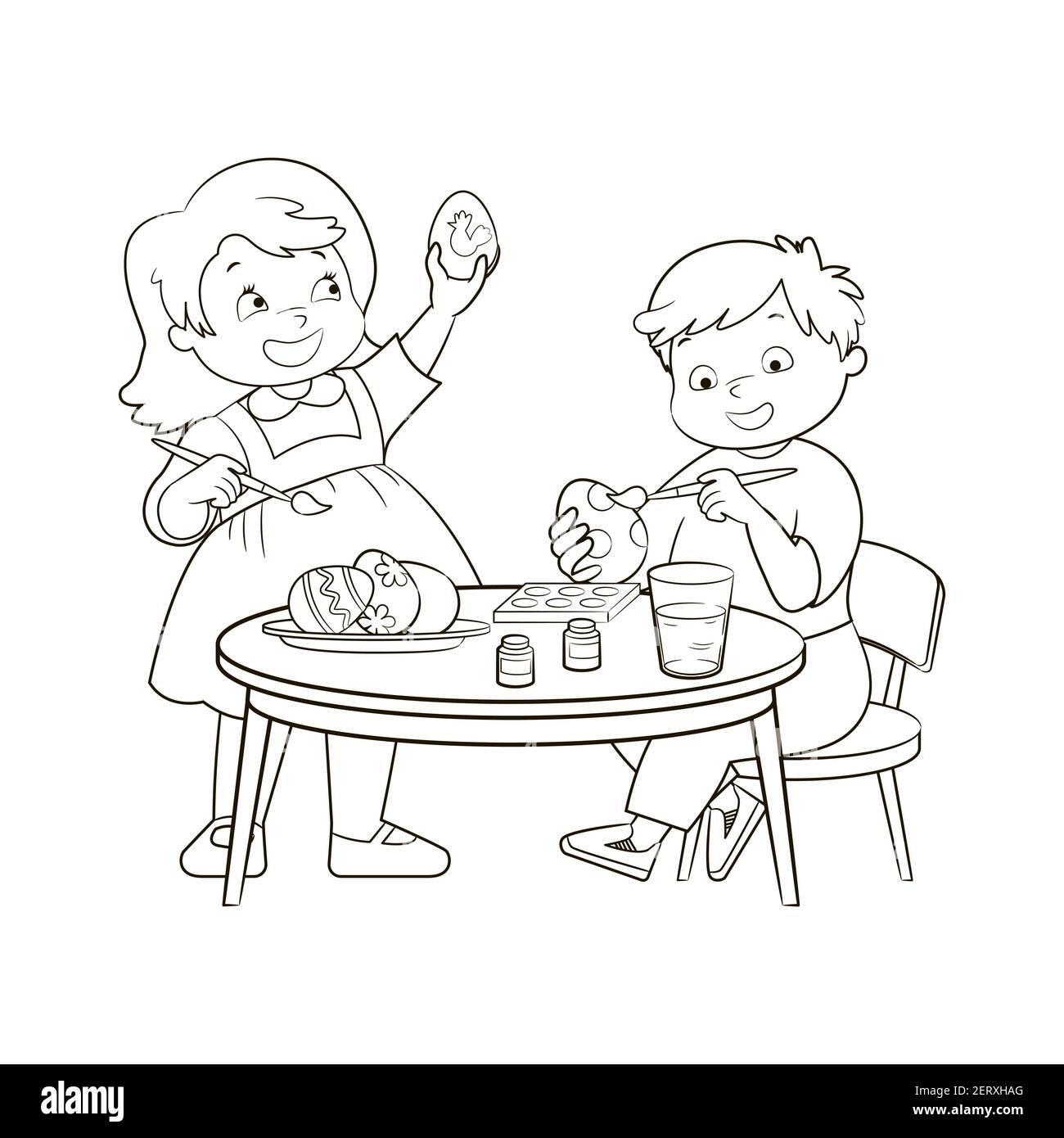 Les petits enfants, un garçon et une fille peignent des œufs de Pâques tout en étant assis à une table ronde. Livre de coloriage, illustration vectorielle, croquis noir et blanc, Illustration de Vecteur