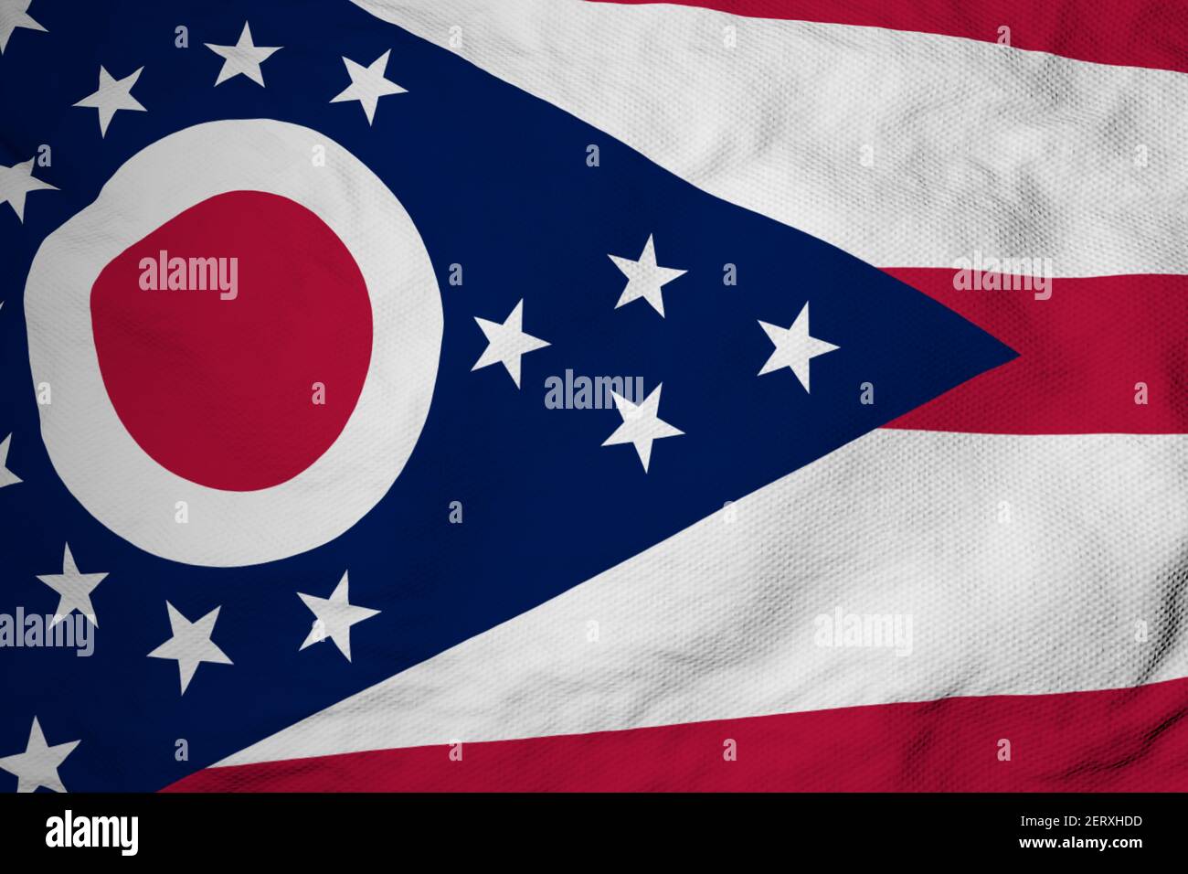 Gros plan plein format sur un drapeau de l'Ohio (États-Unis) en rendu 3D. Banque D'Images