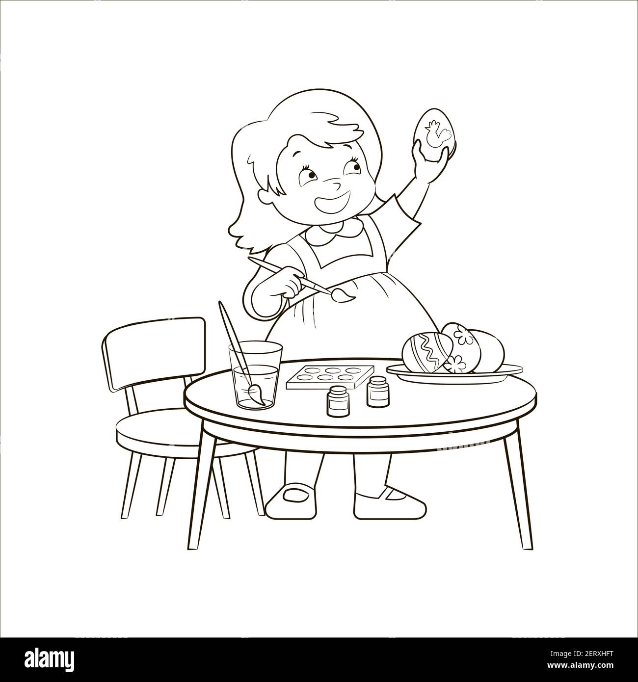 Bébé, fille avec plaisir tire des œufs de Pâques à une table ronde pour enfants. Livre de coloriage, illustration vectorielle, noir et blanc, croquis, dessin artistique pour enfants Illustration de Vecteur