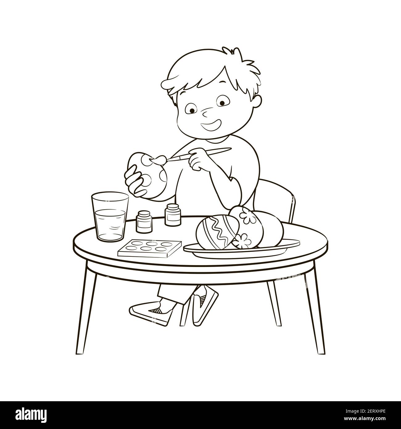 Un petit garçon peint les oeufs de Pâques avec un pinceau et peint assis à une table ronde, livre de coloriage, illustration vectorielle, noir et blanc, croquis, dessin au trait Illustration de Vecteur